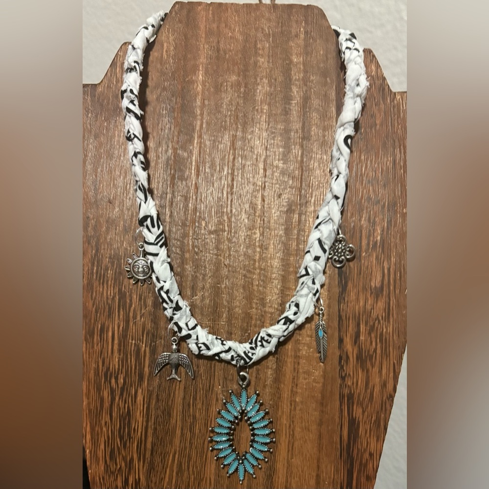 Handmade braided bandana charm necklace with Turquoise painted Pendant